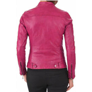 แจ็กเก็ตหนังแกะแท้สำหรับผู้หญิงแจ็คเก็ตหนังสั้นสีดำเข้ารูปสีทึบมีซิป - Product Image 2