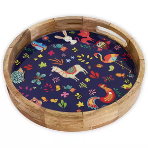 Bandeja de servicio de madera más duradera, bandeja de servicio de comida de madera de bambú impresa en mosaico redondo, bandejas de servicio de madera de último diseño único - Product Image 1