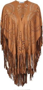 Châle Cape en Daim Camel à Franges, Poncho Creux à Pompons, Écharpe Bohème pour Femme, Idéal Fête, Festival, Voyage - Product Image 4
