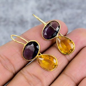 Amethyst & <b>Citrine</b> 925 Sterling Silver Gold Plated Oval & Pear Gemstone <b>Earrings</b> Wire <b>Earrings</b> for Women <b>Earrings</b> Gift for Her - Product Image 1