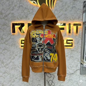 Sweat à capuche zippé pour homme en molleton streetwear, effet délavé à l'acide, avec strass et fermeture éclair, style usé, personnalisable par le fabricant - Product Image 5