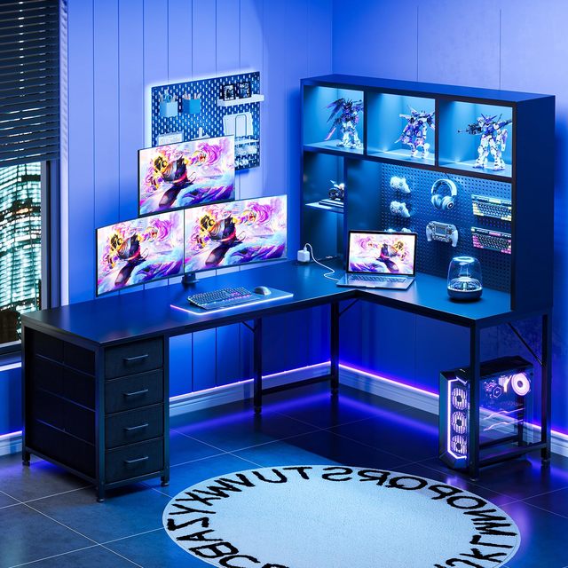 Wholesale Modern L Shaped Gaming Desk with LED Lights Pegboard Hutch and Drawers Gaming Desk Corner Computer Gaming Desk DR524