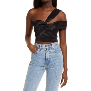 Top Corto in Raso Nero Lulus Party Queen, Traspirante, Imbottito, Senza Spalline con Fiocco, Logo Personalizzato, Top Casual Corto Taglia XS - Product Image 1