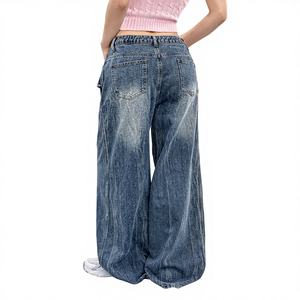 Jeans en denim bleu taille haute décontracté et respirant pour femme, style Y2K, coupe ample à jambes larges avec nœud, vente en gros - Product Image 2