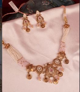 Traditional kundan <b>pearl</b> beaded <b>necklace</b> set with blush pink stones <b>gold</b> tone ethnic bridal jewelry for weddings - Product Image 3
