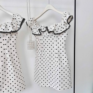 Robe d'été courte à épaules dénudées pour femme, à pois noirs et blancs, OEM - Product Image 4