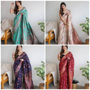 Colección de tendencia de diseño de Sari de seda pura con trabajo de tejido de hilo Zari puro de varios colores para ropa de boda de mujer - Product Image 4