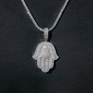 Venta caliente 14K chapado en oro blanco 925 plata esterlina Baguette Hamsa mano COLLAR COLGANTE Moissanite joyería para hombres - Product Image 2