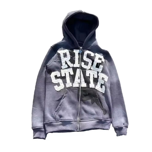 Sudadera con capucha recortada en blanco Desgastado Lavado con ácido Suelto Térmico Sudadera con capucha recortada Hombres Street-Wear Blank Raw Hem Crop Zip Up Hoodie - Product Image 4