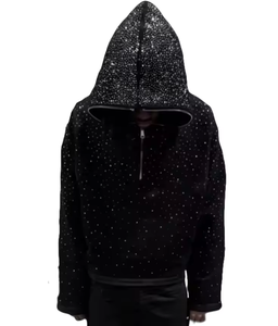 Meilleure qualité tissu à demande personnalisée 550Gsm hommes français éponge partout impression strass Boxy culture visage complet demi fermeture éclair à capuche hommes - Product Image 1