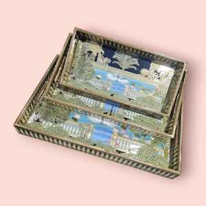 ชุดถาดไม้เคลือบอีนาเมลคุณภาพสูงพร้อมดีไซน์พืชอาร์ตเดคโคที่เป็นเอกลักษณ์เหมาะสำหรับการเสิร์ฟอาหารและของขวัญตกแต่งบ้าน - Product Image 1