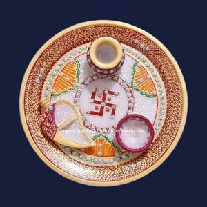 Beautiful Rajasthani Gold Painted Design White Makrana Marble Pooja Thali <b>for</b> Home Decoration and Diwali <b>Gift</b> Sets - Product Image 1