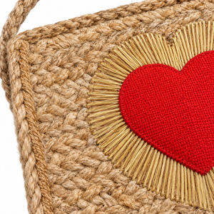 Bolso Bandolera Cuadrado de Yute Natural Ecológico Personalizable con Patrón de Letras, Aplique de Corazón Rojo y Rayos Dorados, Venta al Por Mayor - Product Image 2