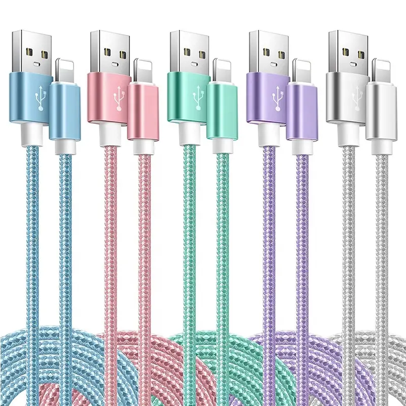 Multicolour Iphone Ipad 12 Months 2.4A Nylon Braided Charging Cable Lighting Cable with USB 3FT 6FT 10FT for Iphone IOS 2pcs