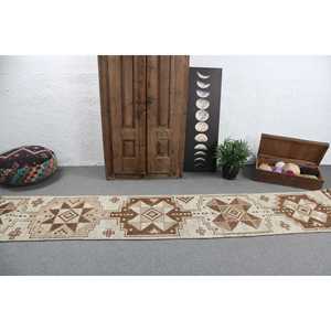 Vintage Herki Patchwork <b>Wool</b> Rug Eco-Friendly <b>Brown</b> Moroccan Turkish Rug with Latex Backing 2.2x11.7 ft (68x358 Cm) - Product Image 3