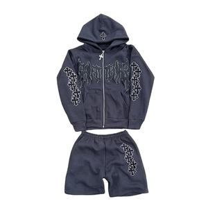 Custom Puff Print Pullover Hoodies <b>Lightweight</b> Loose Two Piece Jogging Set Sweat Suit Hoodie With <b>Short</b> <b>Shorts</b> Set for <b>Men</b> - Product Image 1
