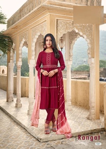 Chanderi Coton Viscose Broderie Miroir Robe de Travail avec Chinon Chiffon Collection Dupatta - Product Image 4