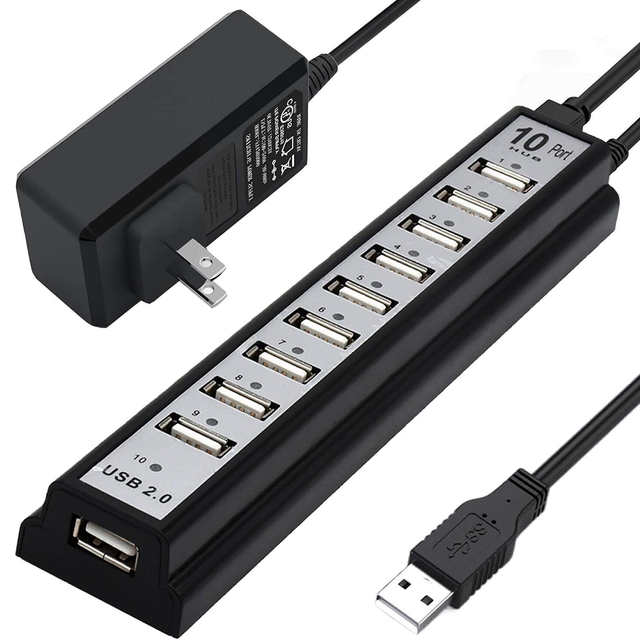 USB Hub 2.0 with DC Powered, 10-Port USB Hub USB Extender Splitter with Individual LED Indicator Light for MacBook, PC, Laptop