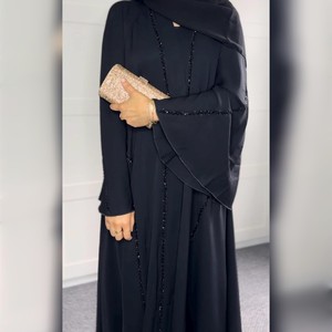 Venta al por mayor de lujo personalizado elegante Satén de seda antiarrugas hecho a mano Abaya adultos pequeñas mujeres musulmanas vestido con volantes mangas Dubai - Product Image 1