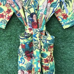 ชุดคลุมกิโมโนผ้าฝ้ายพิมพ์ลายสำหรับผู้หญิง, ชุดคลุมยาวชุดใส่อยู่บ้านคอวีถักแบบผูกเชือกระบายอากาศได้อย่างรวดเร็ว - Product Image 5