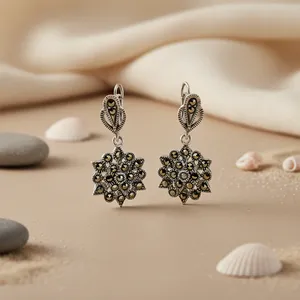 925 <b>Silver</b> Marcasite <b>Drop</b> <b>Earrings</b> with Vintage Floral Design Classic Charm for Women Wedding Party Gift - Product Image 2
