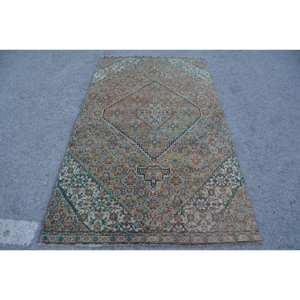 Classic <b>Brown</b> Blue Vintage Turkish Rug 4.1 X 7.4ft Handmade Patchwork Design <b>Wool</b> Bamboo Silk Material Latex Backing for Living - Product Image 1