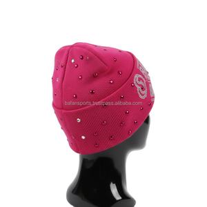 Women knit beanie cap 320GSM soft warm <b>fabric</b> pink color <b>rhinestone</b> custom logo heat transfer sparkle design jacquard Beanie Cap - Product Image 5