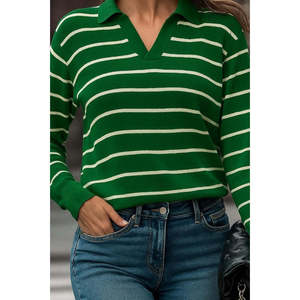 Blusa de punto a rayas con cuello en V y manga larga para mujer, 28577 - Product Image 2