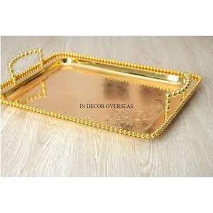 Plateau de service en métal plaqué or de haute qualité, forme rectangulaire, aspect brillant, pour fruits et bonbons avec poignées design uniques - Product Image 4