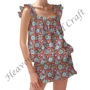 Hand Block Printed Cotton Shorts <b>Pajama</b> Set Ladies Floral <b>Summer</b>/Autumn Vacation Fitted Strappy Ruffle Trim Sleeves PJ Set - Product Image 5