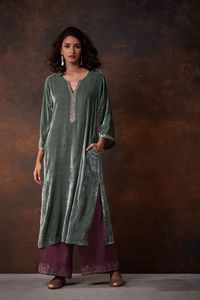 NEW TRENDY & LATEST LONG KURTA WITH PLAZO DRESS WITH EMBELLISH BEAUTIFUL RESHAM, CRYSTAL GLASS BEADS,DABKA WORK for Party-wear - Product Image 2