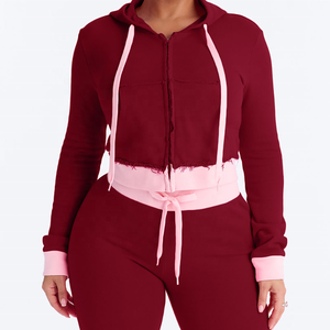 New Casual Distressed Women's <b>Burgundy</b> <b>Cropped</b> Hoodie With Pink Trim 2Piece Set Full Sleeve Knitted Polyester/Cotton Custom Set - Product Image 4