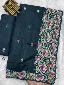 Sari en soie slub lourd pour mariage avec broderie au fil et travail de découpe, vêtements pour femmes indiennes en stock - Product Image 4