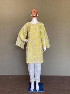 Estilo étnico indio doble manga amarillo Georgette bordado trabajo Kurti con Plazo conjunto para mujer traje tradicional para boda - Product Image 3