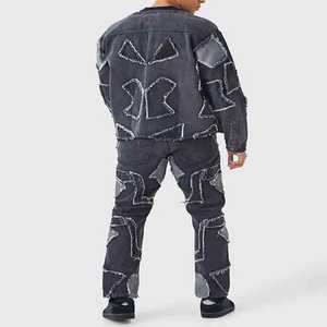 2024 Custom Logo Distressed Patchwork Baseball <b>Shirt</b> and <b>Jeans</b> Set <b>for</b> <b>Men</b> - Product Image 2