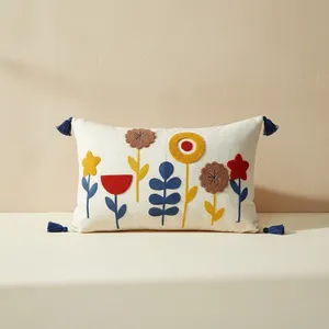 Bohemian Floral Embroidered Rectangle <b>Cushion</b> <b>Cover</b>-Home Decor <b>Blue</b> 35x55cm Cotton Washable - Product Image 2