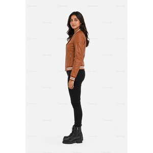 Chaqueta de Moto de Piel Sintética para Mujer Tiierwear, Color Sólido, Cierre de Cremallera, Cuello Redondo, Manga Larga, Ropa de Otoño - Product Image 3