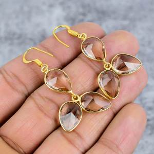 มอร์แกไนต์สามพลอยอัญมณีลูกแพร์925เงินสเตอร์ลิงต่างหูห้อยทองสำหรับผู้หญิงต่างหูทำด้วยมือของขวัญสำหรับเธอ - Product Image 4