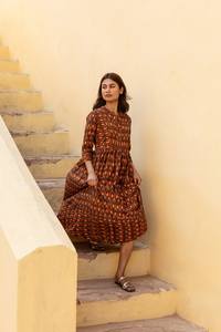 Coco <b>Bohemian</b> <b>Dress</b> Handloom Ikat Pure Cotton Casual Occasional Holiday Summer <b>Dress</b> Brown Orange - Product Image 3