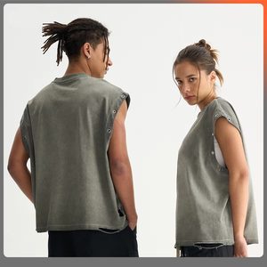 Customized Streetwear Sleeveless Tshirts Custom DTG Printing Acid Washed 100% Cotton Breathable Tank Tops for Men - Product Image 5