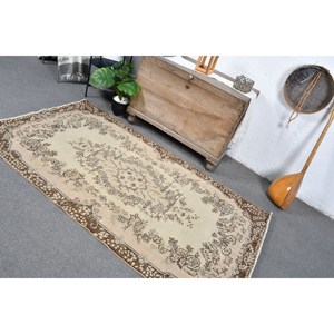 พรมขนสัตว์สีน้ำตาลเบจ7ft วินเทจ3.9ชิ้นงานแฮนด์เมดสไตล์คลาสสิกตุรกีมีดีไซน์เย็บปะติดปะต่อกันด้านหลังทำจากยางสำหรับใช้ข้างเตียง - Product Image 4