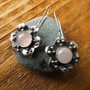 Latest Ethnic Indian Gold Plated Oxidized Silver Handmade <b>Earrings</b> Cut Rose-Quartz Gemstone Party Wear Flower Shape Brass <b>Hook</b> - Product Image 1