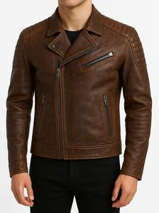 2025 new <b>Men</b> Classic Brown Leather Moto <b>Jacket</b> with Zipper Pockets - Product Image 3
