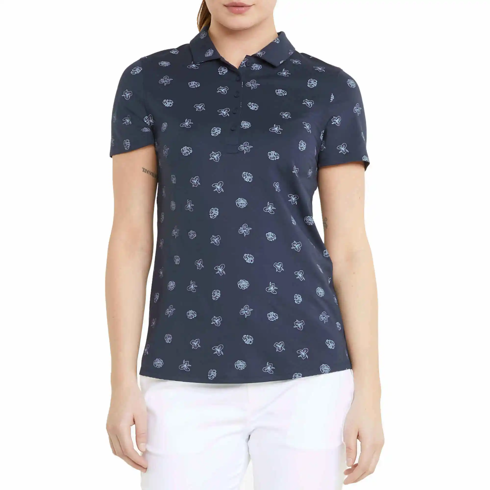 ספק מותאם אישית ייצור OEM חולצת טריקו פולוס באיכות גבוהה נשים הדפס פרחוני לנשימה חולצת גולף לנשים (מומושרה באמצעות PayPal)