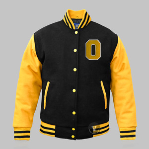 Men's Black Polyester Varsity Jacket Light <b>Gold</b> Sleeves Letterman Design Covered Button Winter OEM Service Windproof Reversible - Product Image 2