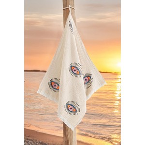 Toalla de Playa Varol Orgánica 100% Algodón Muselina Ecológica con Estampado de Ojos, Secado Rápido, Diseño a Rayas Suave para el Verano - Product Image 1