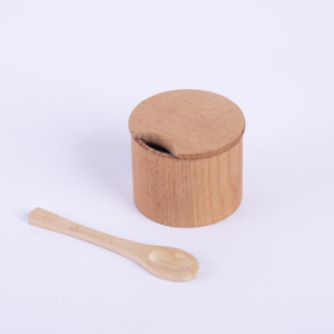 8cm Beech Wood <b>Spice</b> <b>Jar</b> with Mini Spoon - Natural Solid Wooden Seasoning Pot & Salt Cellar - Eco-Friendly Kitchen Storage <b>Jar</b> - Product Image 1