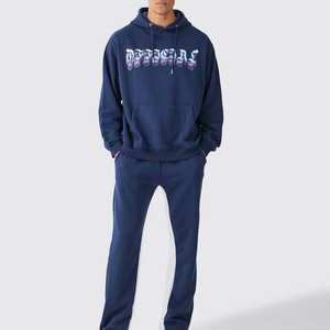 Conjunto de Sudadera con Capucha Azul Marino para Hombre, Corte Holgado, Forro Polar, Estampado de Letras, Chándal Informal con Bolsillo, Ropa de Otoño - Product Image 1