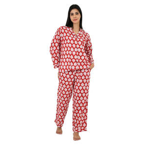 Conjunto de Pijama de Algodón para Mujer, Ropa de Dormir Cómoda para Verano con Estampado de Hojas Rojas y Blancas y Animales, Cierre de Botones, Ropa para el Hogar ODM - Product Image 3