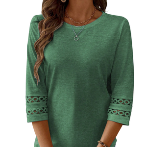 Womens Casual Long Sleeve <b>Top</b> Round Neck Loose Fit Shirt With Lace Sleeve Detail Elegant Everyday Fashion Clothing For Women - Product Image 3